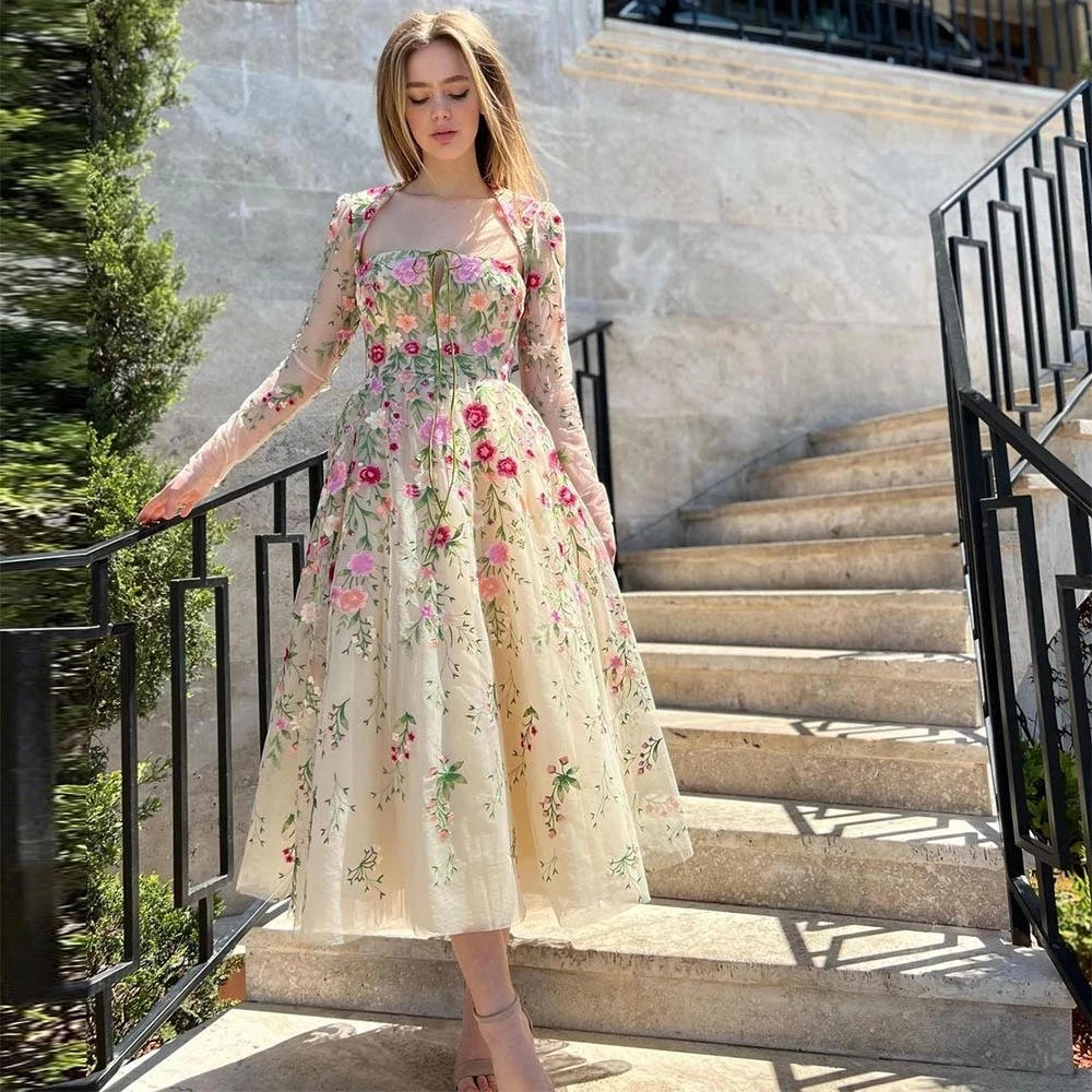 FDHAOLU Elegant Floral Tulle Prom Dresses Long Sleeves Lace Appliques Flowers A-Line Evening Gown Formal Party Dress LO2034