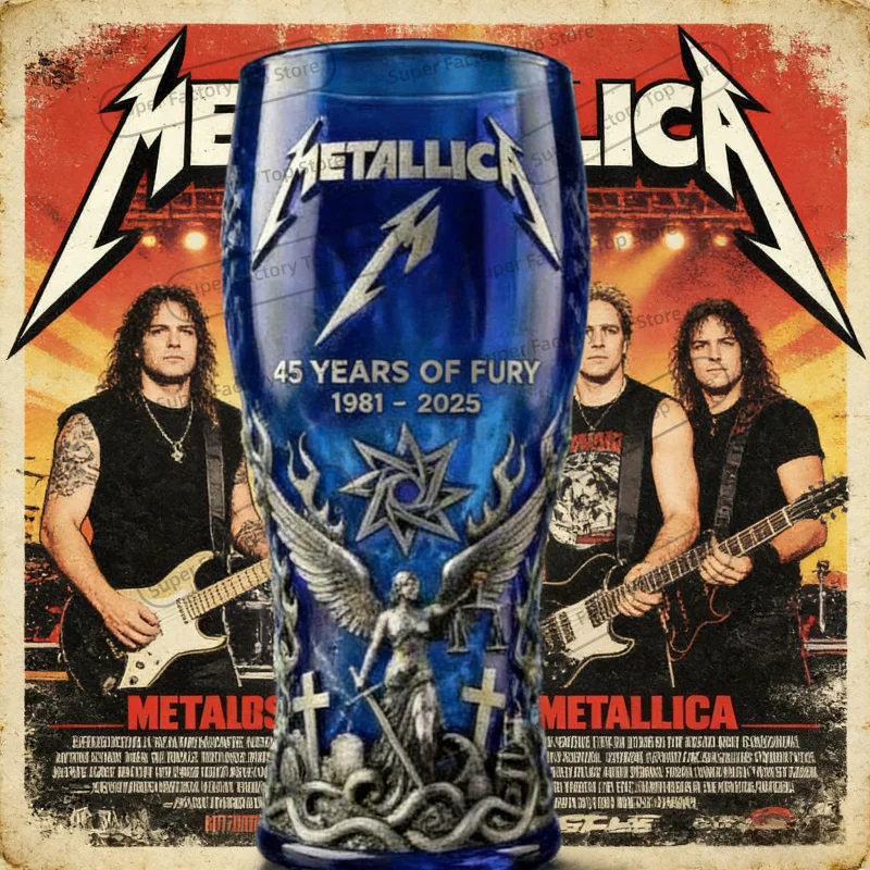 Metallica 45th Anniversary1981-2026 3D Embossed Blue Beer Glass, Heavy Metal Rock Band Collectible Tumbler,Barware Gift for Fans