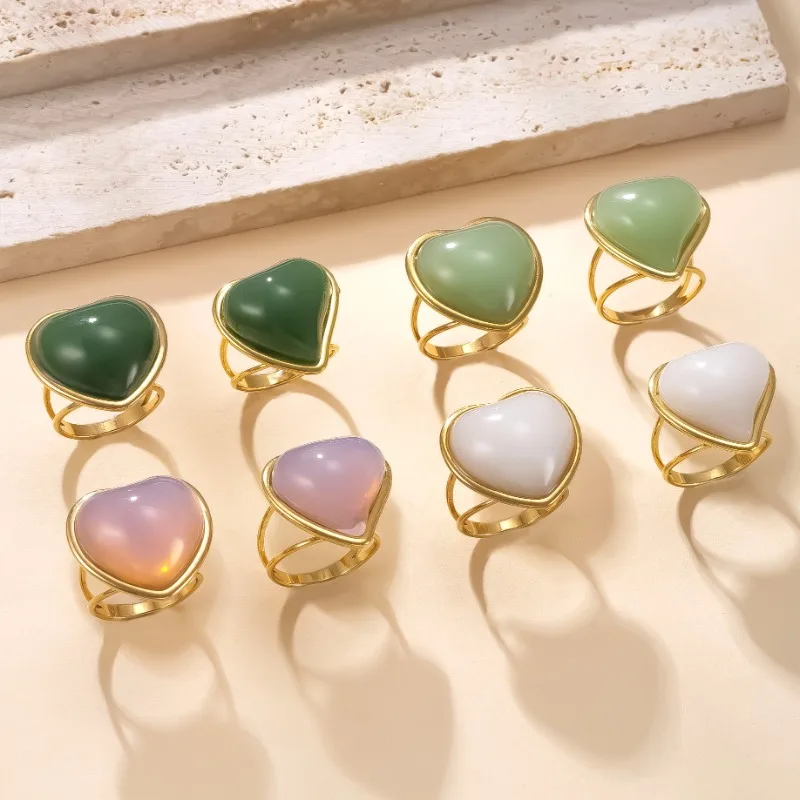 

8pcs Heart Boho Green White Pink Gems Stone Gold Stone Gold Plated Stainless Steel Rings Women Reiki Healing Crystal Jewelry