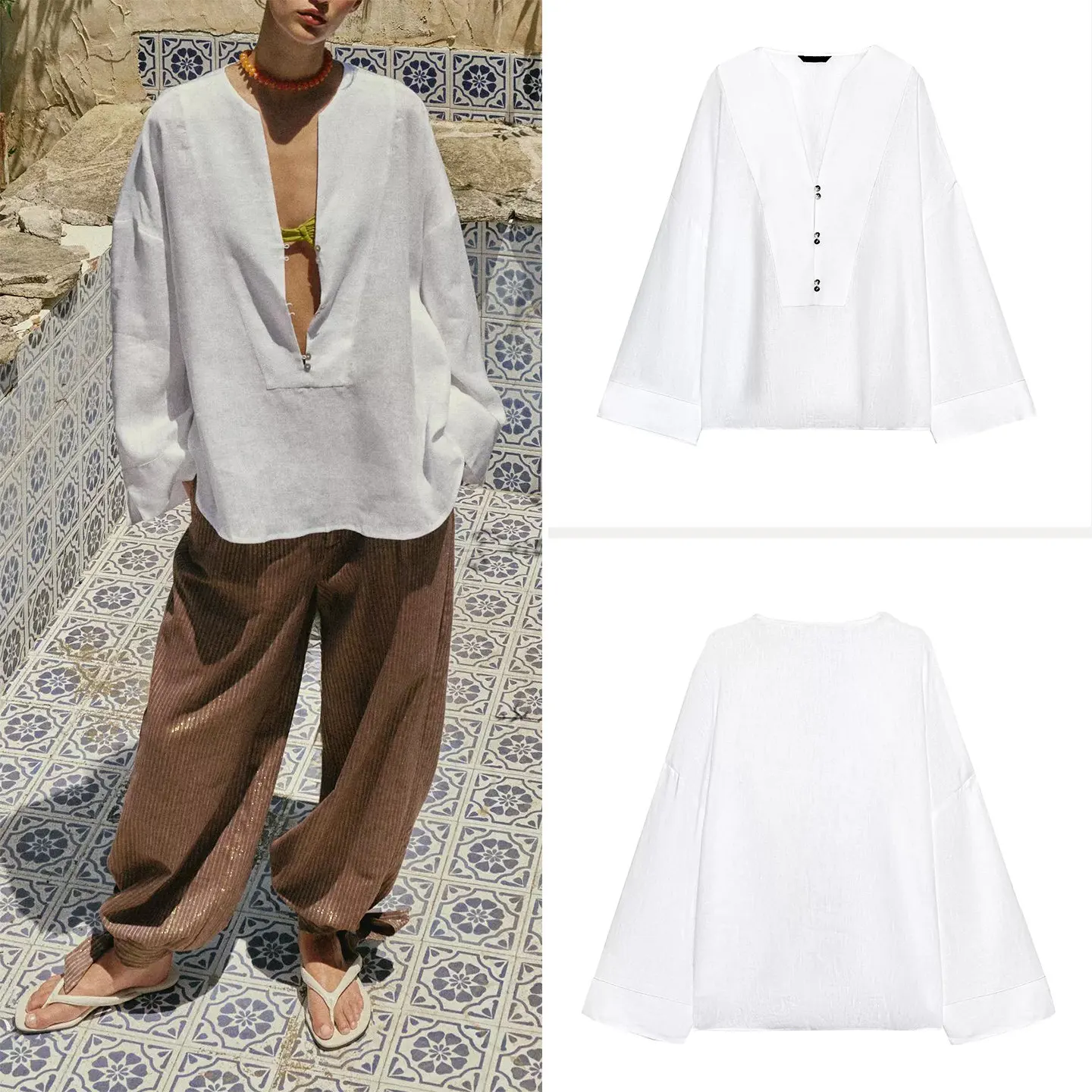 Fashionable Casual Long Sleeve V-Neck New Chinese Style Women's Shirt 2026 Summer Collection Elegant Office Wear ZADATA