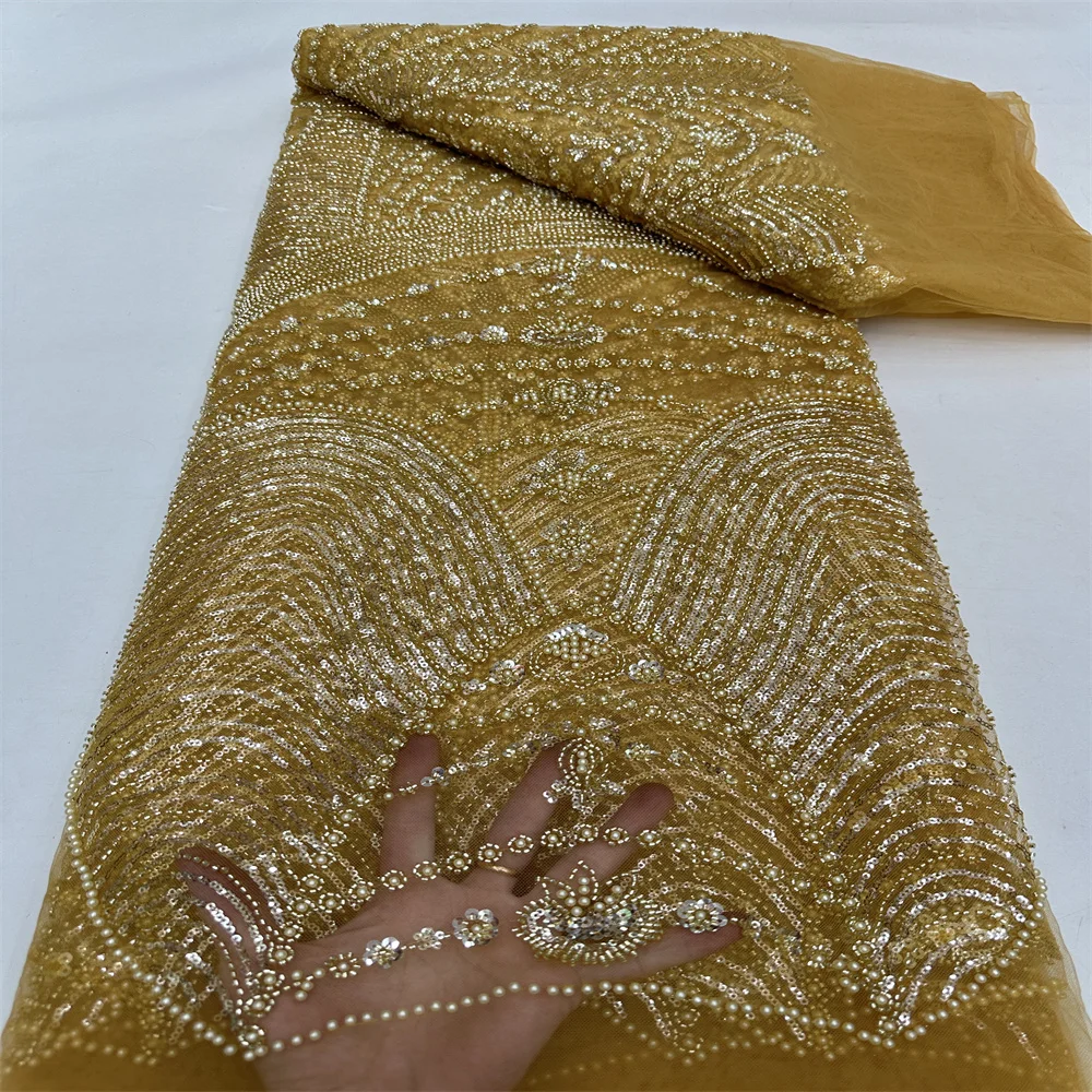 African Sequins Lace Fabric 2024 High Quality Groom Embroidery Heavy Beads Nigerian French Tulle Lace Material for Wedding Dress