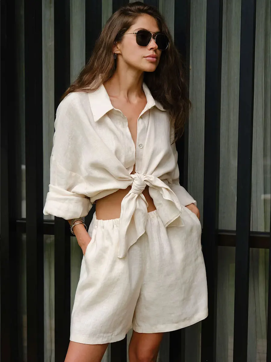 

Shirt suit European and American 2025 summer new women's vacation leisure loose long-sleeved shirt + shorts