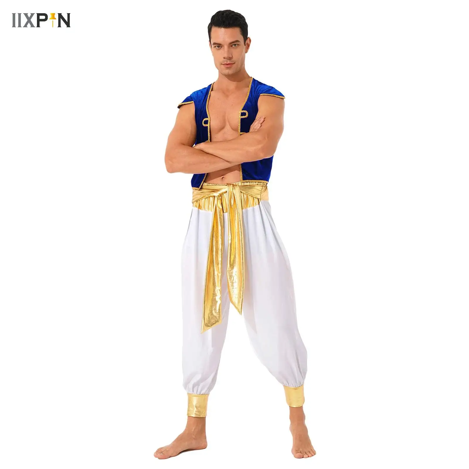 Mens Halloween Arabian Prince Costume Mythical Aladin Theme Party Cosplay Fancy Dress Outfit Waistcoat with Belted Pants Suit