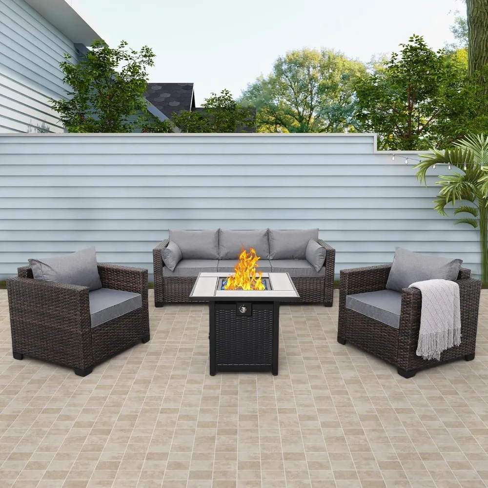 Patio Rattan Furniture Set 4-Piece Outdoor PE Wicker Conversation Couch, Brown Sectional Sofa Couch with 50,000BTU Adjust