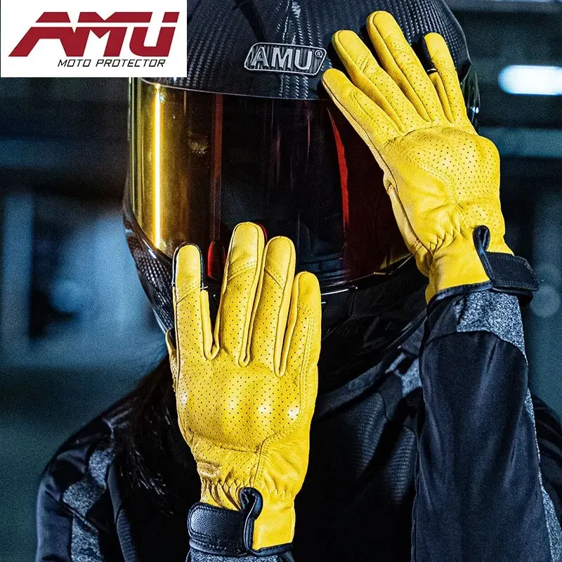 AMU Moto Vintage En Cuir Hommes Femmes De Protection Cyclisme Gants Écran Tactile Perforer Motorcross ATV Guantes Moto