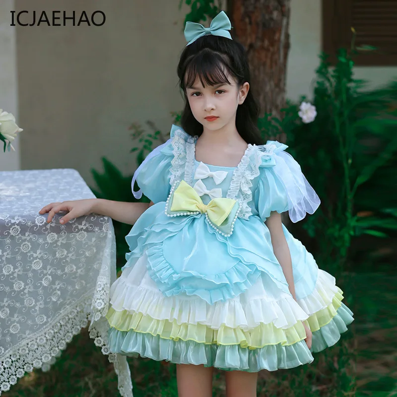 ICJAEHAO 2024 Kids Girls Bow Spain Dress Cute Tierred Princess Dresses Bubble Sleeves Puffy Ball Gown for Childrens Lolita dress