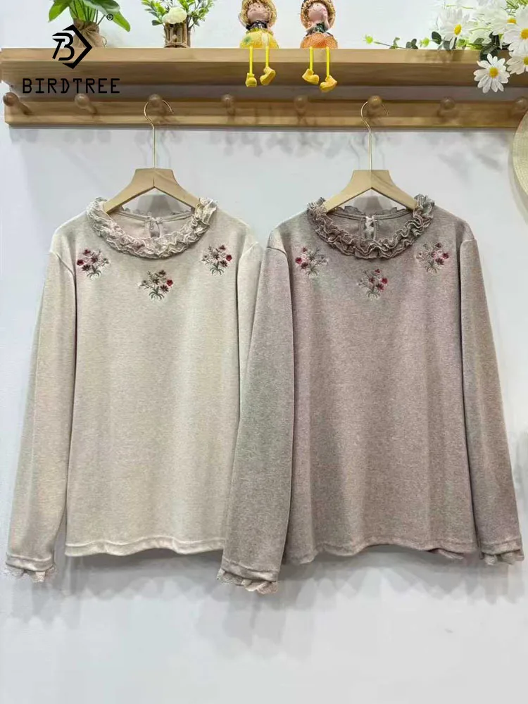 

New 2026 Spring Cotton Long Sleeve T-Shirt, Women Ruffled Floral Embroidery, Mori Girl Age Reduction Chic INS Loose Tee T5D646CC