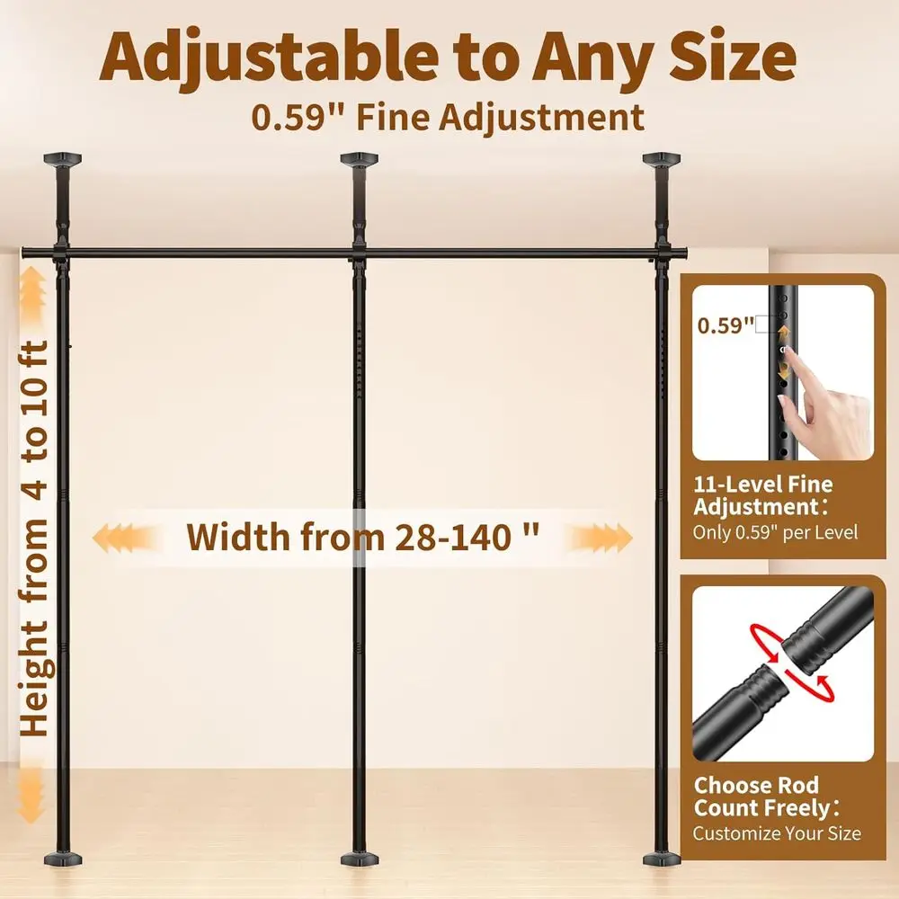 Room Divider, 4-10ft H 28-140in W Adjustable Temporary Privacy Wall Divider, Tension Curtain Rods, Heavy Duty Partition Space Se