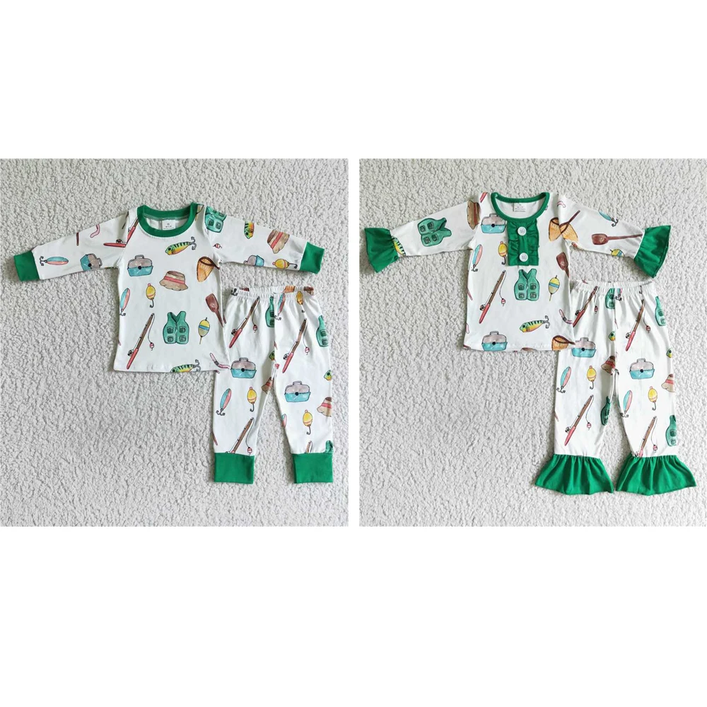 

Wholesale boutique rts Fishing gear Fishing green cuff long sleeve pajama set for baby boys and girls matching boutique pajamas