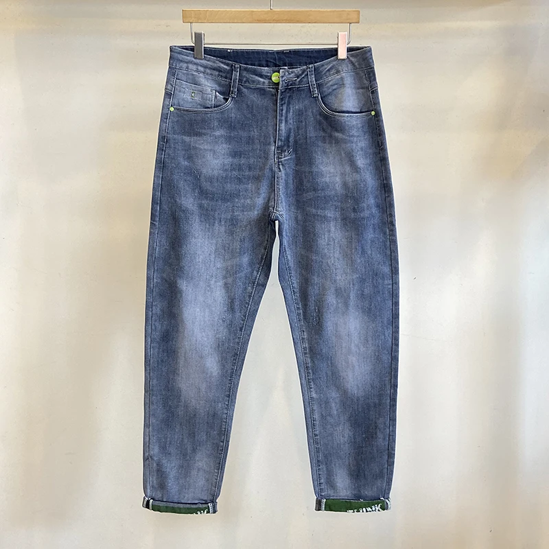 

Blue Elastic Slim Fit Nine Points Jeans Men's Faionable Versatile Summer New Sle Breathable Comfortable Non Deformable