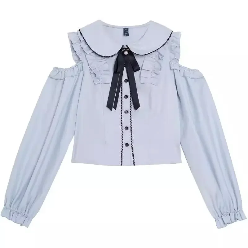 بلوزات لوليتا اليابانية لعام 2025 قميص نسائي جميل بفيونكة مكشوفة الأكتاف قميص JK للفتيات على الطراز القوطي أنيق على شكل قلب من الدانتيل وكشكشة لطيفة