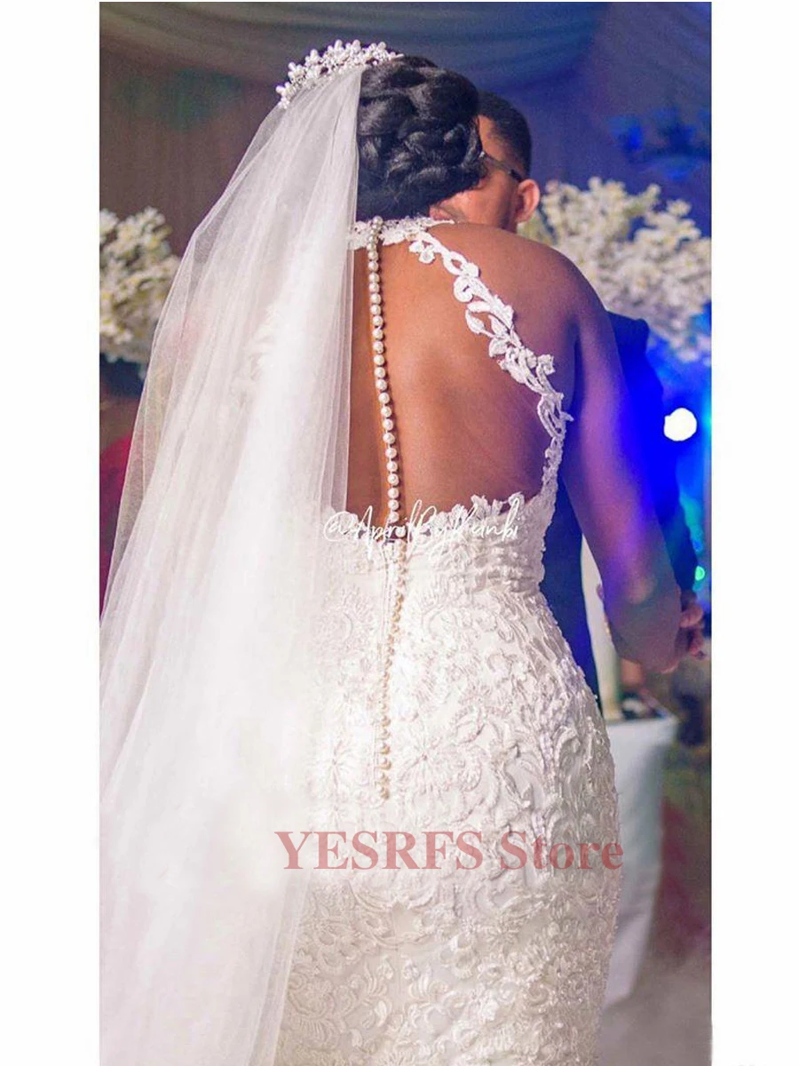 vestidos de novia con cuentas de encaje خمر، vestidos de novia de sirena con cuello شفافة، مثير، baratos