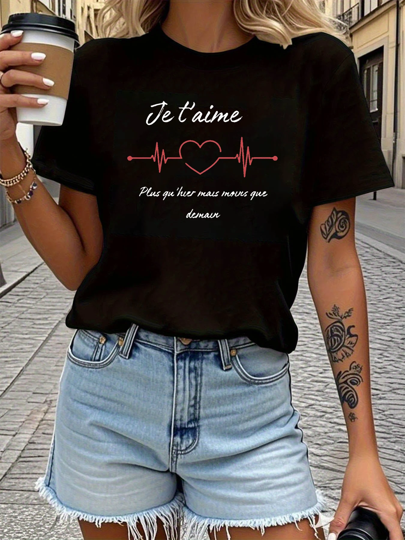 Kurzarm-T-Shirt für Damen Je T'aime Plus Qu'hier Mais Moins Que Demain Lässiges Oberteil mit französischem Buchstabendruck für Sommer und Frühling