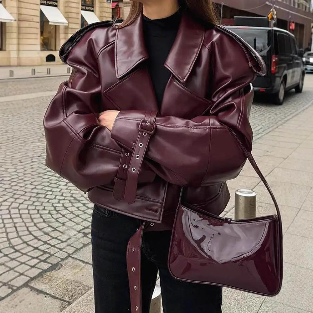 

Autumn Winter Wine Red PU Collar Women's Leather Jaet Adjustable Sve Cuff Retro Motorcycle Jaet Long Sve Silk Luster