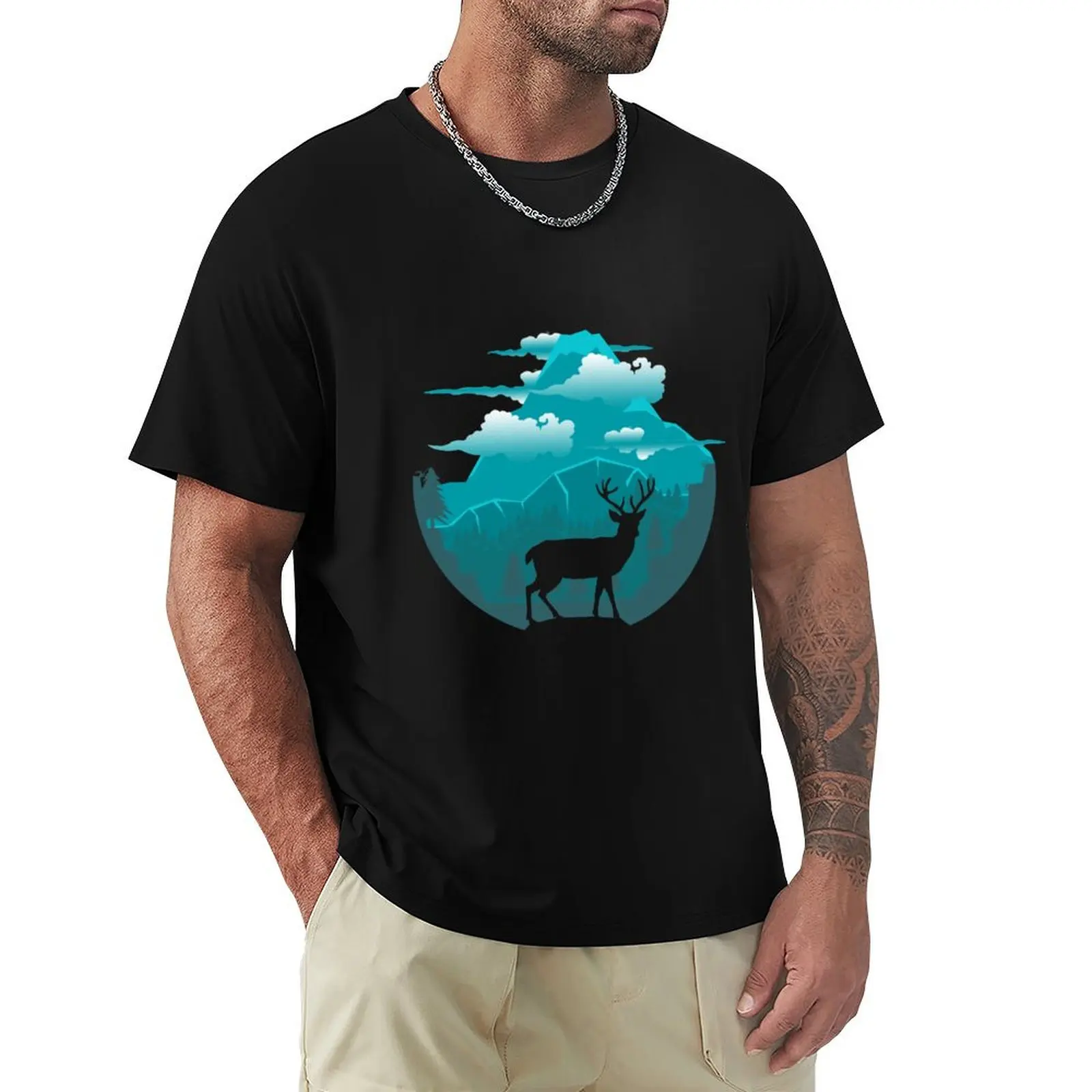 Reindeer Nature Turquoise Landscape T-Shirt street wear blanks anime figures vintage graphic tee mens clothes