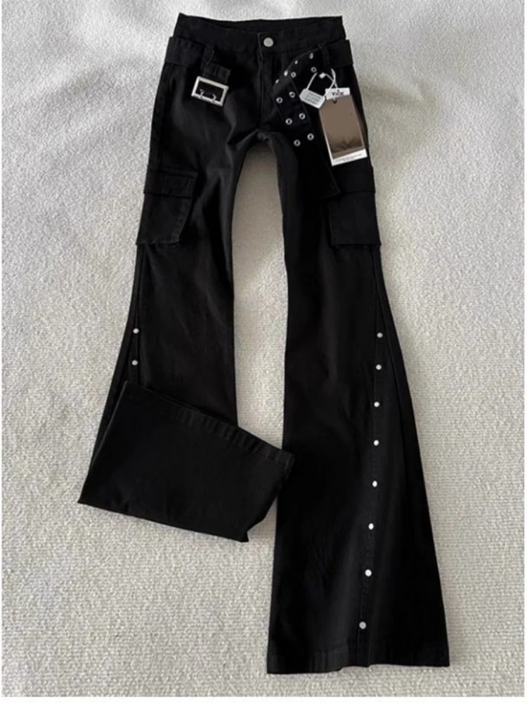 American Vintage Flare Jeans High Street Female Slim Sashes Patchwork Pantalones Mujer Y2k Aesthetics Punk Gothic Women Clothing
