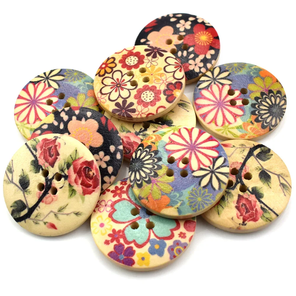 30MM Mix Wood Buckle Flower Printed Wooden Buttons Handmade Wood Buckles Button Craft DIY Baby Sewing Apparel Accessories