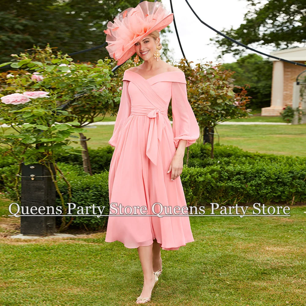 

Simple Mother of The Bride Dress Puff Sleeves V Neck Pleat Tea Length Chiffon Summer Wedding Banquet Party Dresses Guest Gown