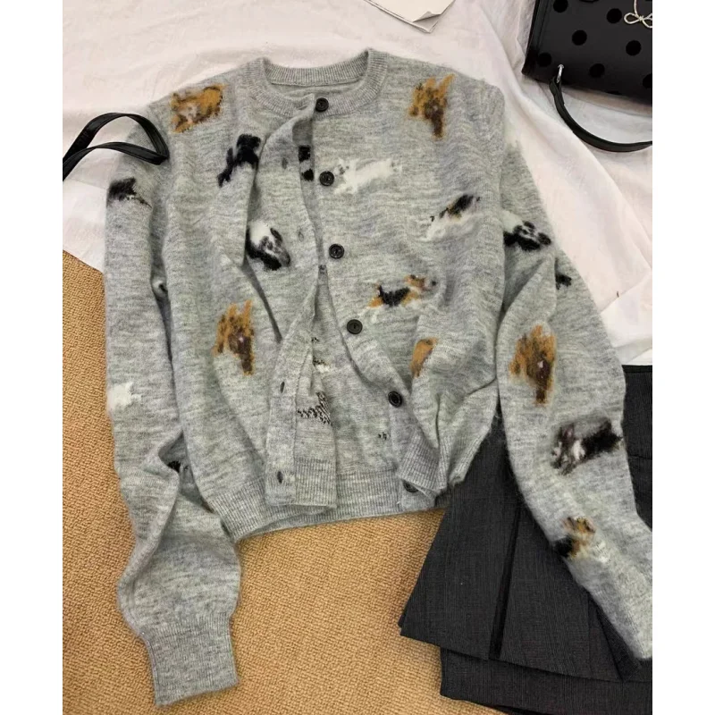 2024 Grey Women Clothing Printing Jacket Knitting Sweater Cardigan Unique Casual Fashion Short Coat Female Cashmere Winter Tops