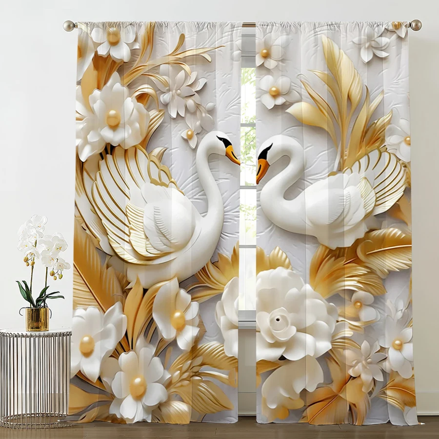 2PC Gold White Swan 3D Embossed Floral Sheer Curtains - Luxury Pearl Flower Print Window Drapes for Living Room Bedroom Decor