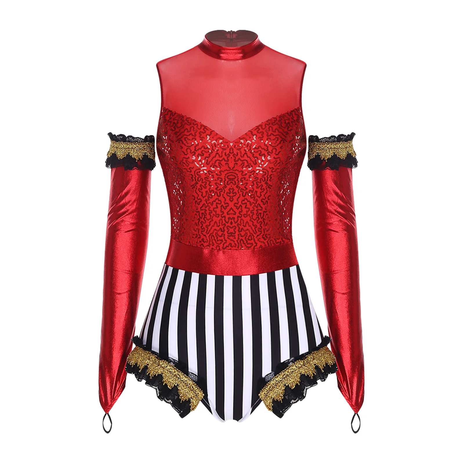 Womens Metallic Shiny Circus Ringmaster Lion Tamer Cosplay Costume Sequin Ruffled Trim Latin Dance Leotard Bodysuit with Gloves - view 4