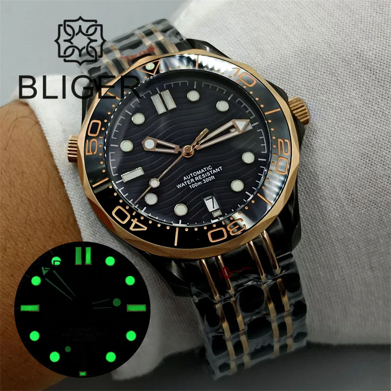 

BLIGER 41mm Watch For Men NH35 Movement 6 O'clock Date Window Two-tone Rose Gold Black Case Bracelet Ceramic Bezel Sapphire Glas