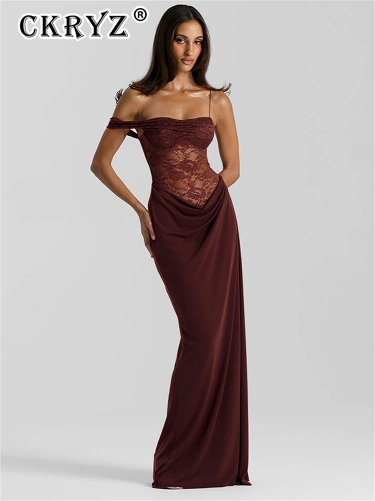 

Ladies One Shoulder Lace See Through Evening Maxi Dress Women Gown Fashion Off-Shoulder Sleeveless Backless Club Long Dresses