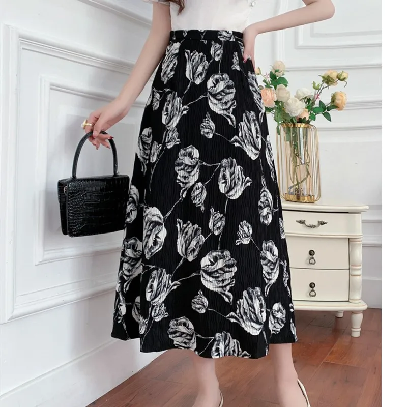 

Summer Women Rose Pleated Skirt Fashion Maxi Skirt Vintage A-LINE High-waisted Skirt Korean Style Fashion Chiffon Midi Skirts