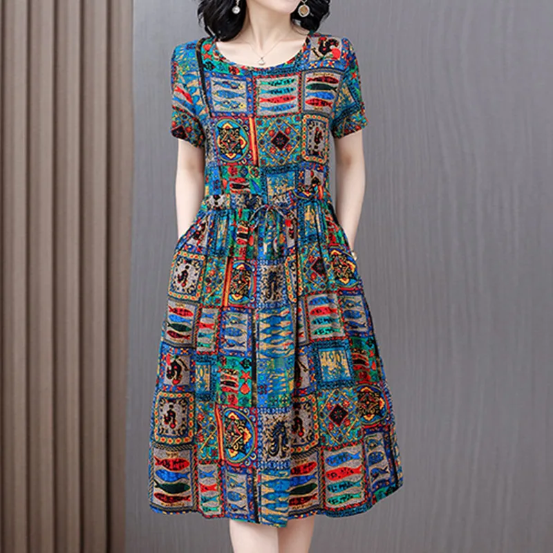 2023 Summer New High end Cotton Silk Round Neck Casual Commuter Fashion Trend Drawstring Elegant Versatile Mid length dresses