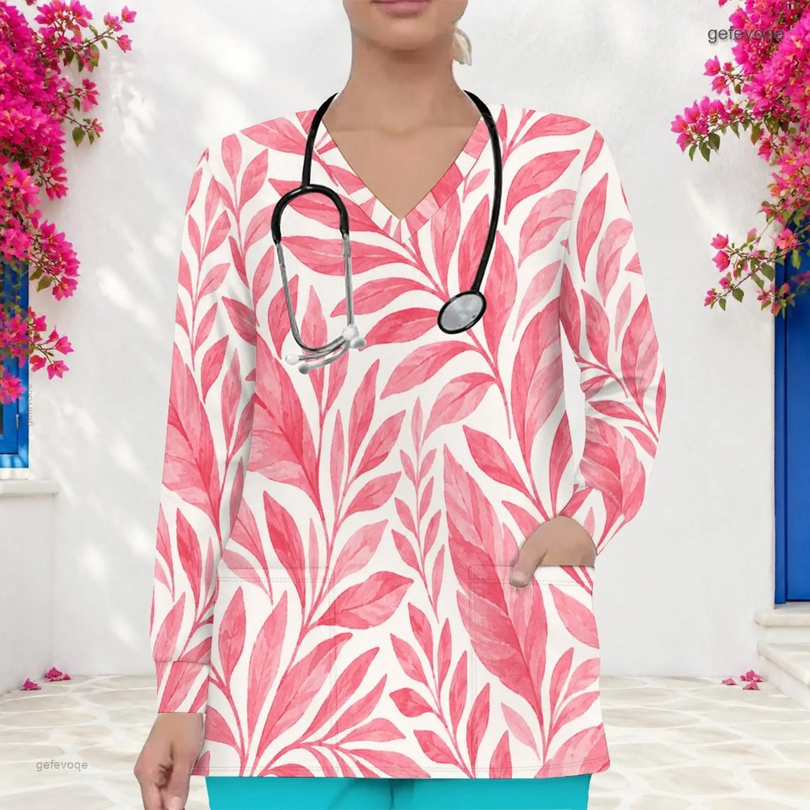 Women Green Butterfly Floral Printed V Neck Long Sleeve Scrub Top with Front Pockets
