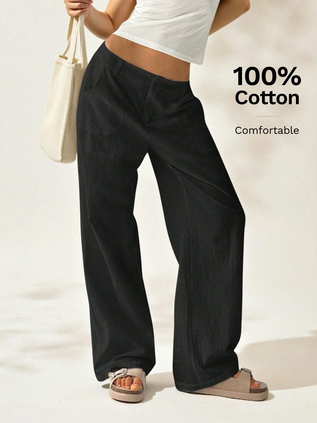 

Женские однотонные хлопковые брюки с низкой талией, прямого кроя, свободные, для повседневной носки