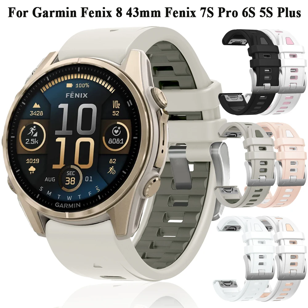Silver Buckle Watch Band Strap For Garmin Fenix 8 43MM Bracelet QuickFit 20mm Silicone Wristband For Fenix 7S Pro 6S Pro 5S Plus
