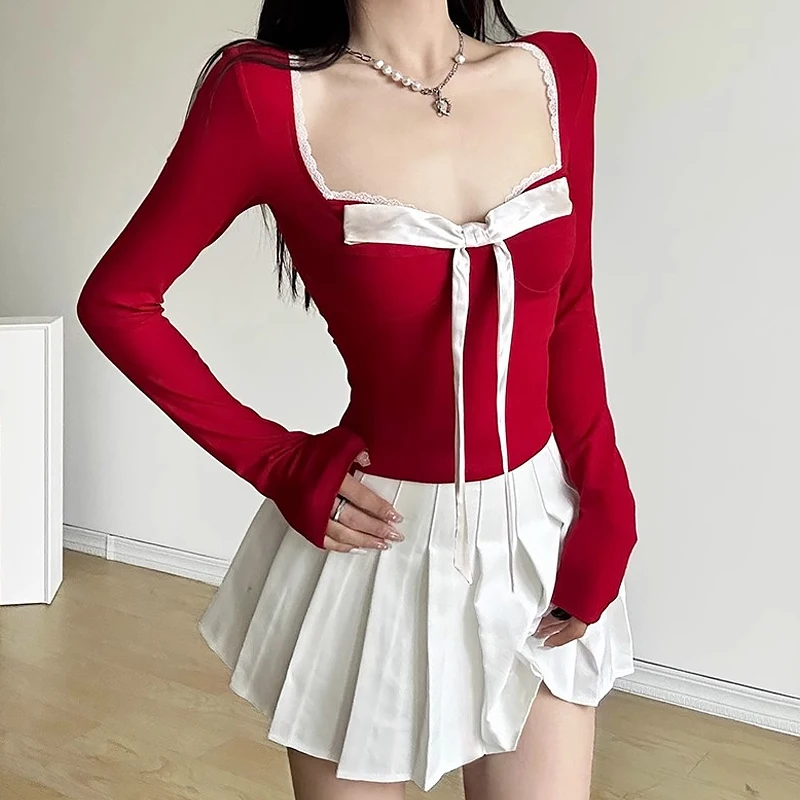 

Sweet Y2k Aesthetic Long Sleeve Chic Bow T-Shirts Square Collar Lace Patchwork Tees All Match Slim Sexy Knitted Women Crop Top