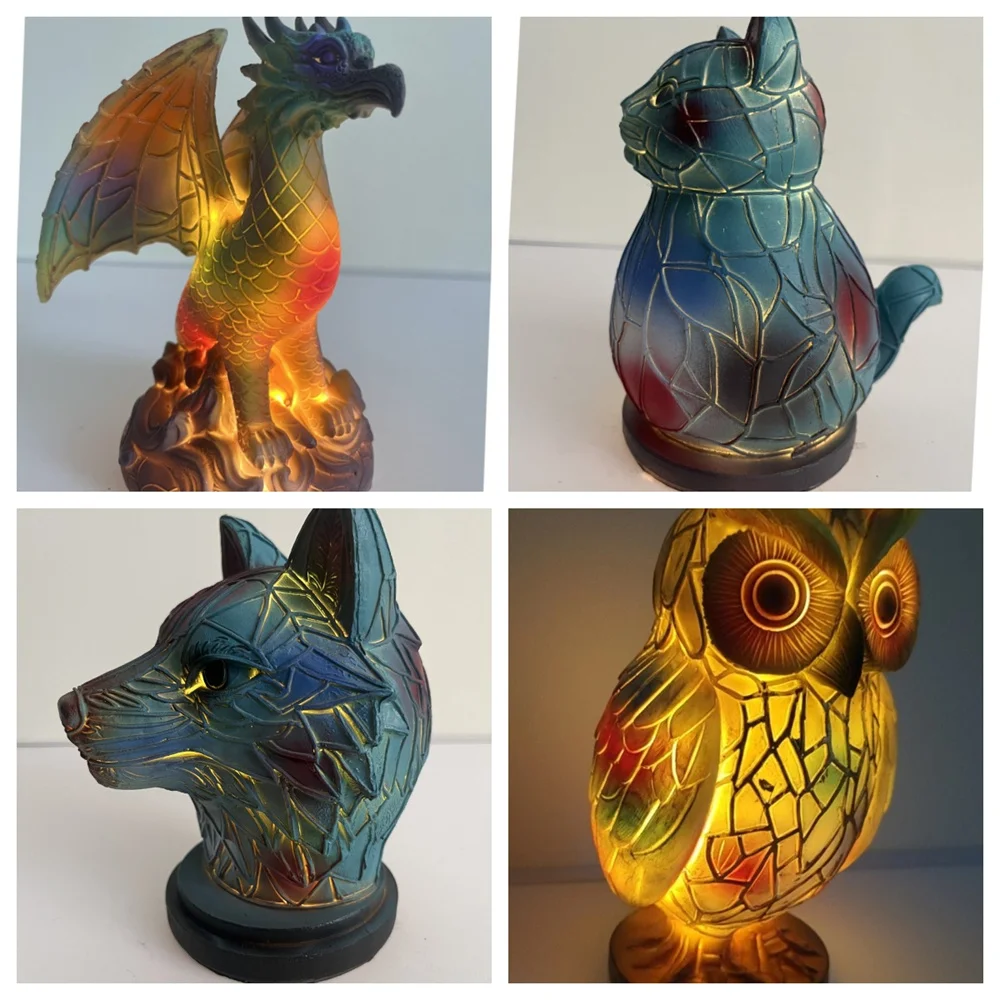 Resin Stained Glass Animal Table Light Owl Lion Wolf Cat Elephant Table Lamp Night Light For Living Room Home Bedroom Decoration