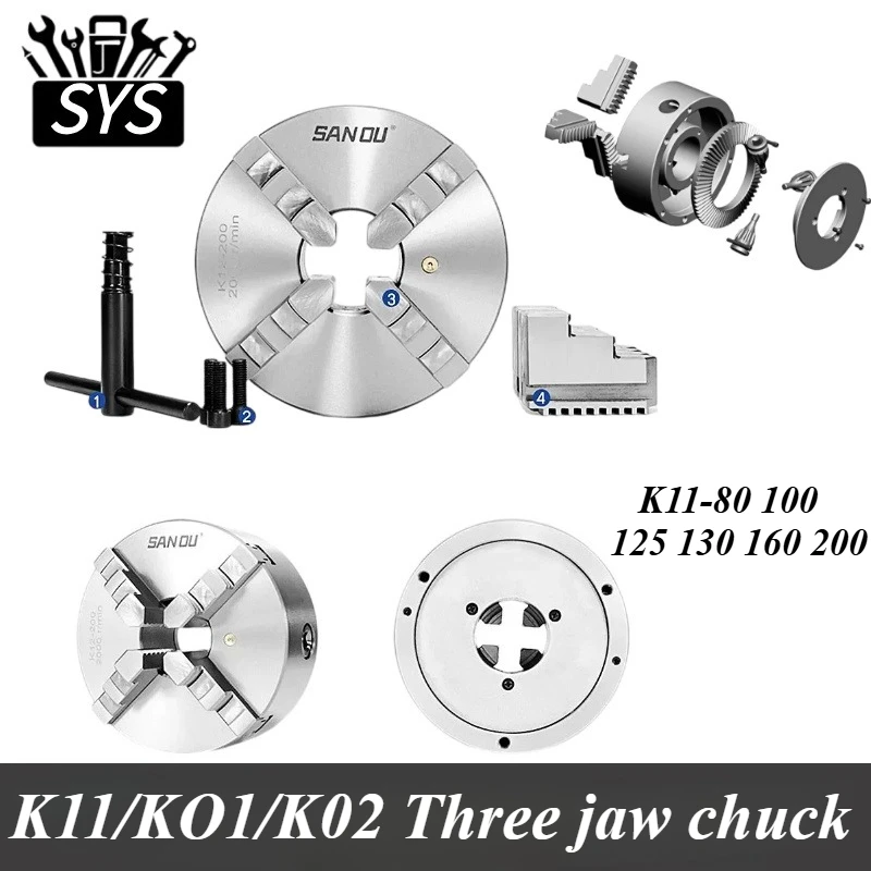 SYS K11-80/100 K11-125/130/160/200 K01 K02 Portabrocas de torno Manual de 3 mandíbulas con accesorios de herramientas de máquina de torneado centrado de Metal nuevo