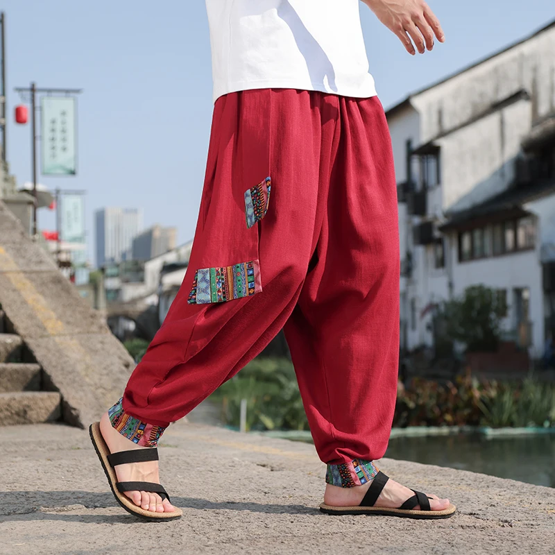 Japanese Kimono Men Chinese Style Cotton Linen Samurai Print Belt Retro Harem Pants Baggy Trousers Male Harajuku Hip Hop Pants