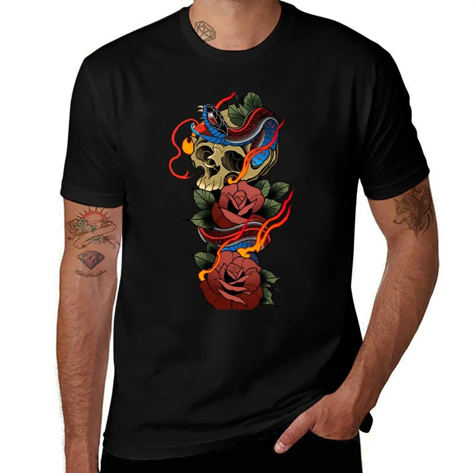 Snake skull tattoo T-Shirt Short sleeve tee graphics tops anime slim fit t shirts for men