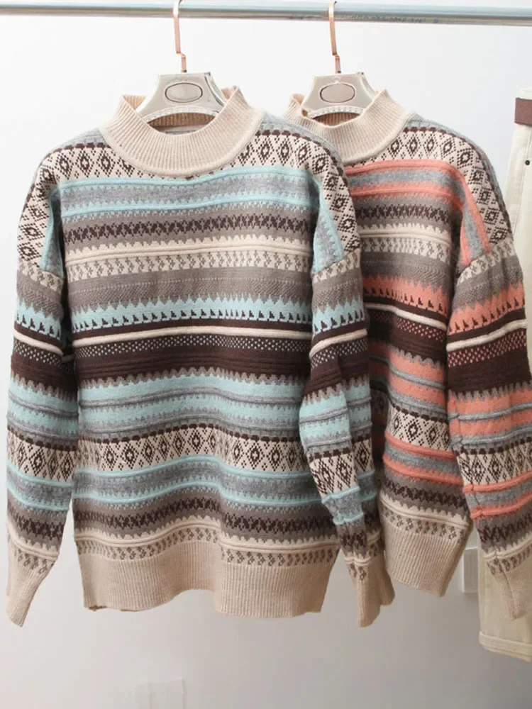 Autumn Winter Women\'s Sweater European Style Half High Neck Striped Jacquard Pullover Sweater New Loose Casual Sweaters LL296