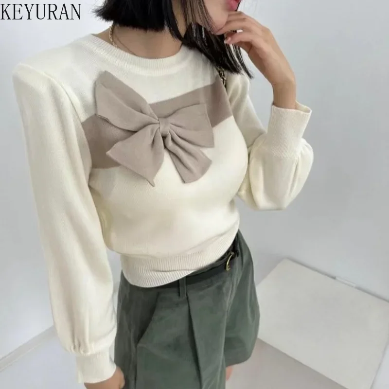 2024 Autumn Winter New Sweet Big Bow Knitted Pullover Sweater Women Korean Chic O-neck Long Sleeve Sweaters Jumper Knitwear Tops