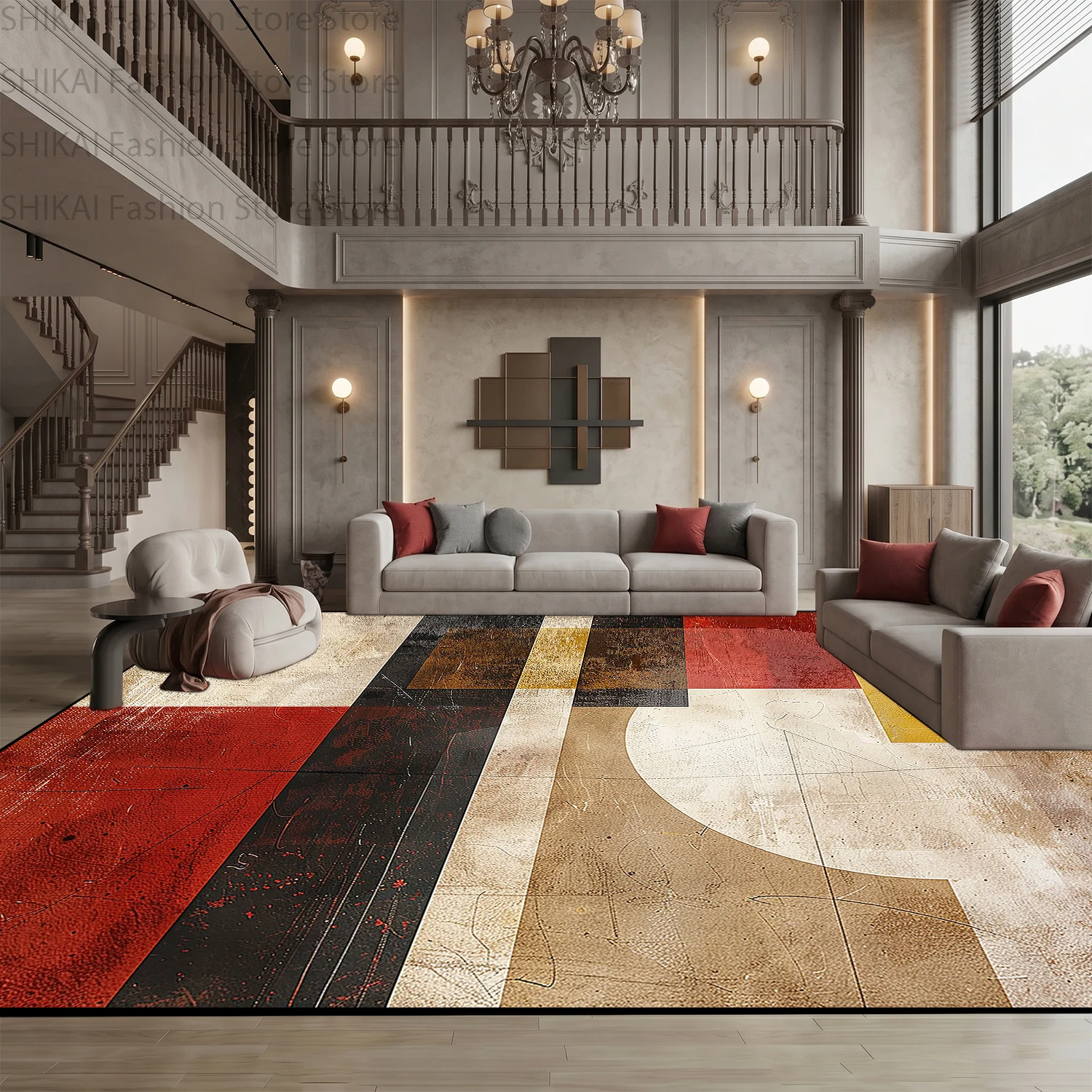 Retro Color Block Splicing Style Living Room Rug Decoration Home Easy Clean Fluffy Carpet Non-slip Short Velvet Large Floor Mats