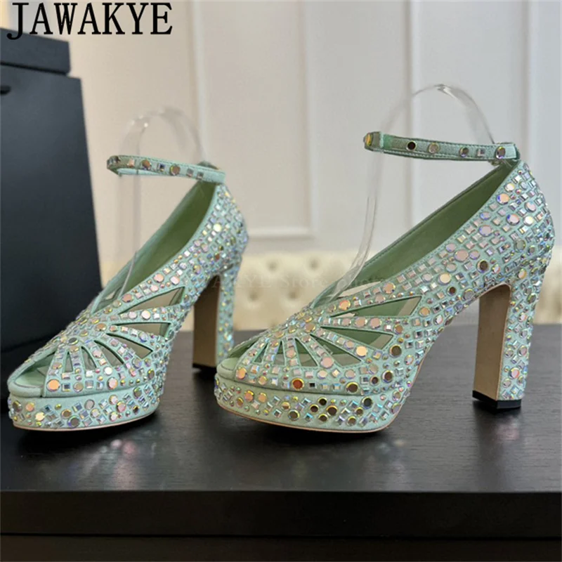 

Inlaid Rhinestone Platform Thick High Heels Sandals Women Sexy Luxury Wedding Party Shoes Summer Crystal Sandals zapatillas muje