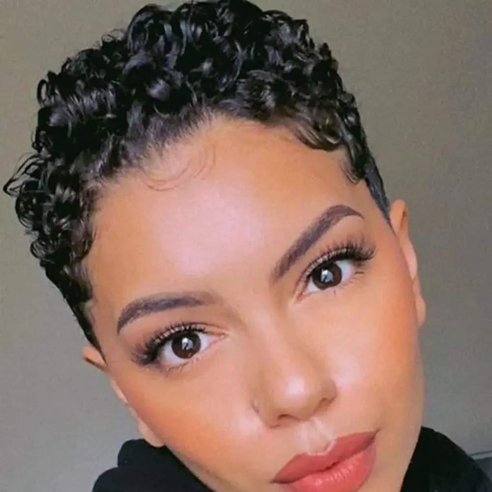 Black Women Short Curly Afro Pixie Wig Synthetic Heat Resistant Short Pixie Cut Wig Black Color Fashion Daily Full Head Hair Wig