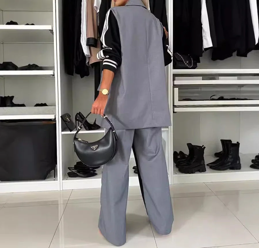 Casual Two Piece Sets Womens Outifits Fall Long Sleeved Patchwork Double Breasted Suit Coat Loose Pant Two-piece Set Winter 2024