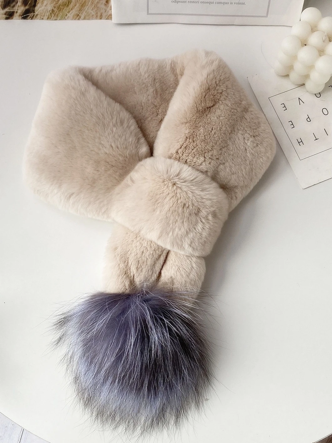 Winter Real Rex Rabbit Fur Scarf Women Warm Neck Scarves Fluffy Collar with Genuine Silver Fox Fur Pompom