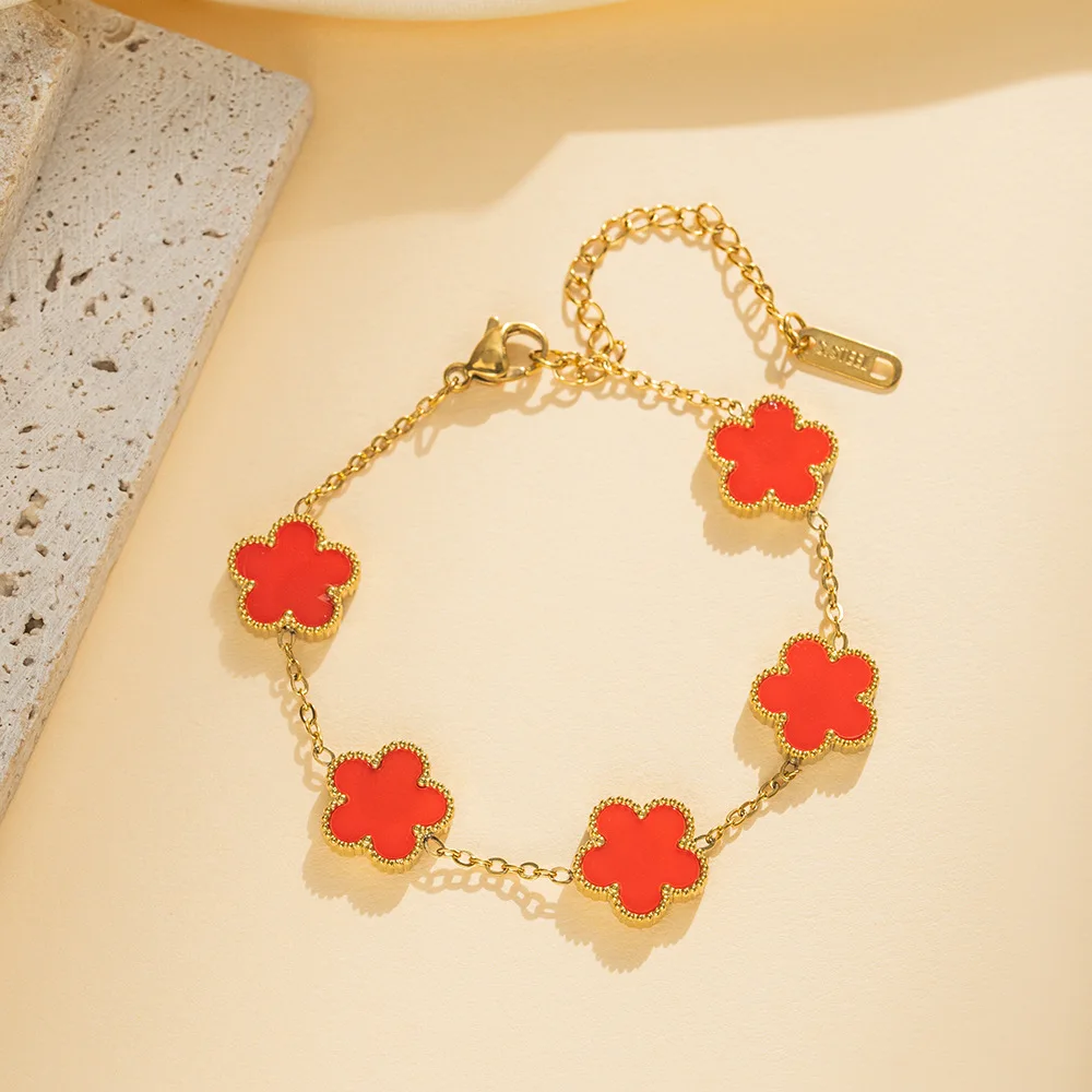 IFYOUOO Stainless Steel Bracelet Double Sided Bracelets Five Leaf Petals Flower Gold Plated Clover Women Fashion Jewely image 4