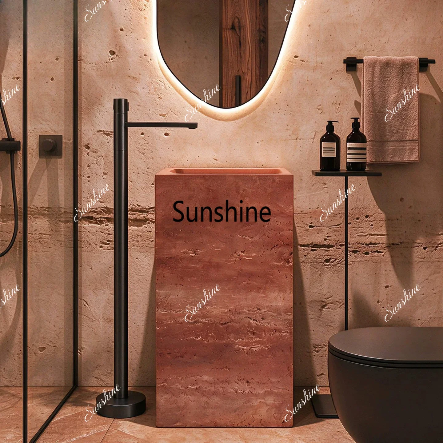 F Floor-to-ceiling integrated art wash table creative yellow and red travertine pillar basin