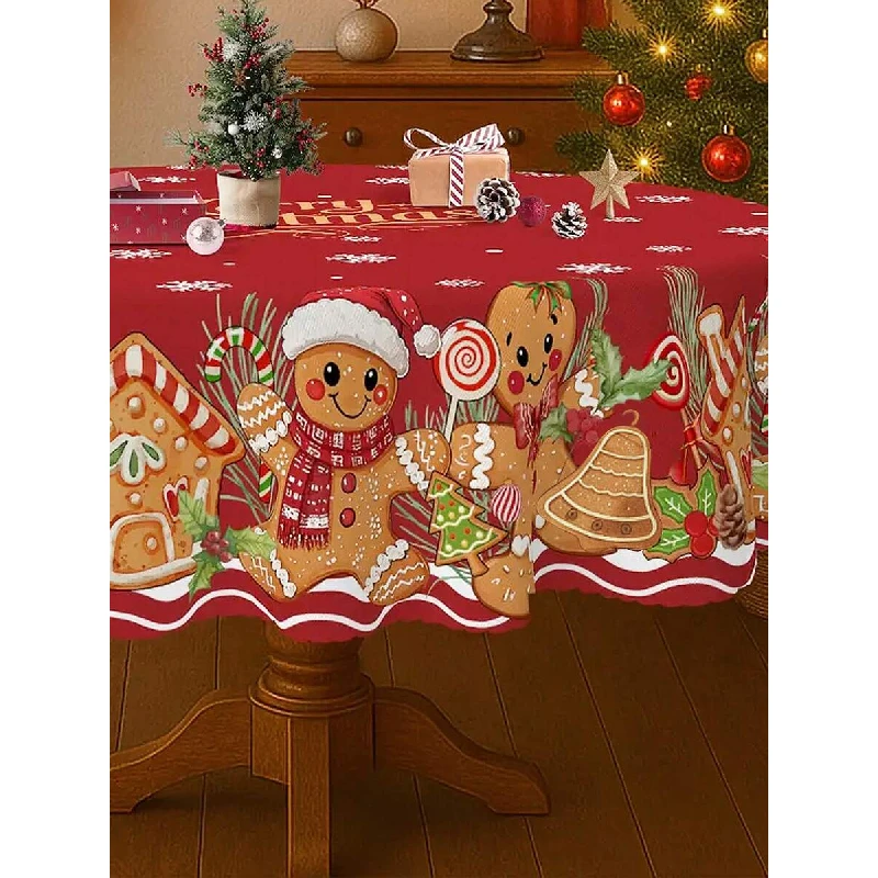 

1 Pc Festive Christmas Tablecloth With Gingerbread Man, Snowflakes And Bow Design - Red Polyester, Suitable For Kitchen