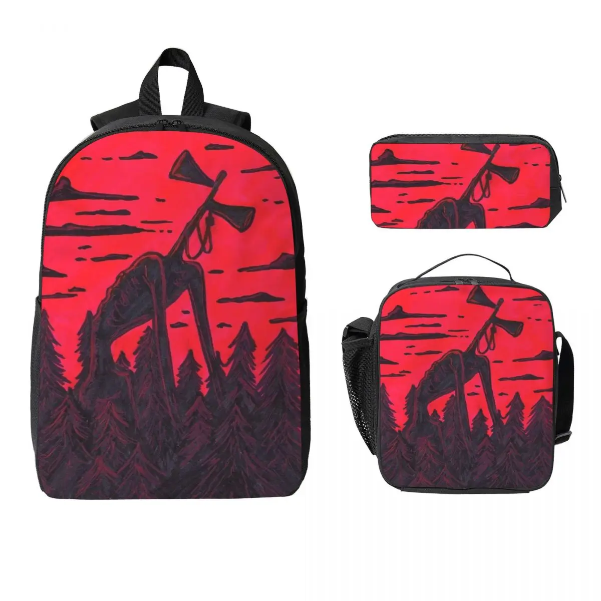 3Pcs Siren Head In Dark Forest Backpack Set for Boy Girl Pen Bags Bookbag Sets with Lunch Box For School Students Knapsack