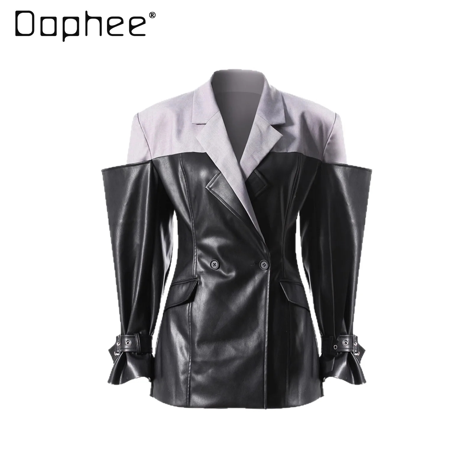 

Street Style PU Leather Patchwork Blazer Women 2025 Autumn New Fashion Loose Slim Cross Collar Slimming American Trendy Jacket