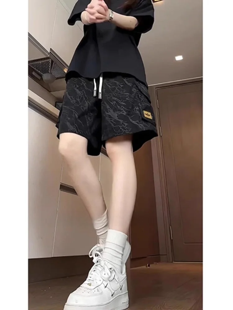 Black Dyed Workwear Shorts Women Summer Outdoor Wear American Retro Small Size Loose Casual Five-Quarter  Pants